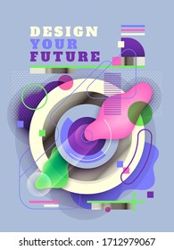 Futuristic poster design in abstract style. Geometric composition with text and various objects. Vector illustration.