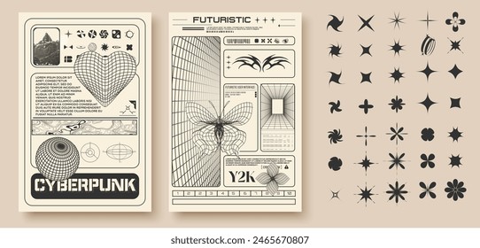 Futuristic poster designs featuring a cyberpunk theme with geometric shapes, grid patterns, and abstract elements. Y2k aesthetic techno banners, posters include wireframe heart, butterfly. Vector