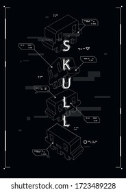 Cartel futurista con elementos HUD. Plantilla para web e impresión. Diseño de folleto y folleto. Composición del cráneo.