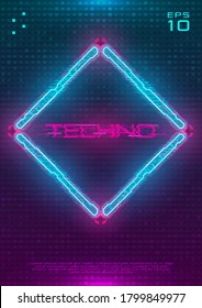 Futuristic poster with illuminated cyberpunk hologram Rhombus. Modern template with blue hud neon Rhombus with pink printed circuit board. Glow Design for poster, flyer, cover. Cyber vector