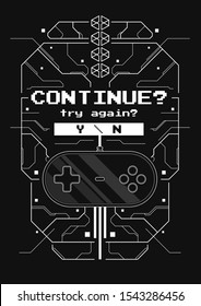 Futuristic poster with retro games elements. Game over screen with virtual reality style. Template for print and web.