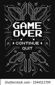 Futuristic poster with retro games elements. Game over screen with virtual reality style. Template for print and web.