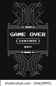 Futuristic poster with retro games elements. Game over screen with virtual reality style. Template for print and web.