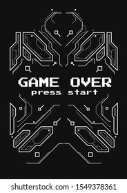 Futuristic poster with retro games elements. Game over screen with virtual reality style. Template for print and web.