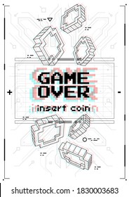 Futuristic poster with retro games elements. Game over screen with virtual reality style. Template for print and web.