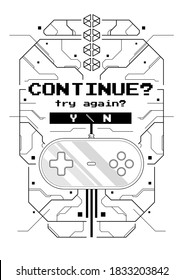 Futuristic poster with retro games elements. Game over screen with virtual reality style. Template for print and web.