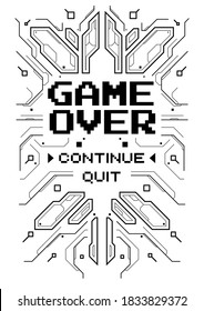 Futuristic poster with retro games elements. Game over screen with virtual reality style. Template for print and web.