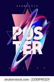 Plantilla de afiche futurista con forma iridiscente abstracta. Formas iridiscentes abstractas de vidrio con gran tipografía. Diseño vectorial 3D para volante, folleto, presentación, portada.