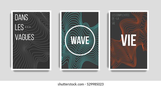 Juego de pósters futuristas. Fondo de franjas abstractas. Plantillas para tarjeta de visita, póster, volante, portada, asiento, fondo. 