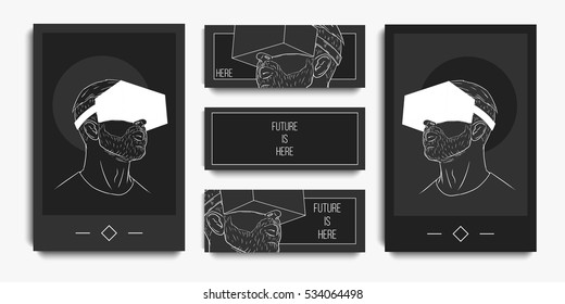 Futuristic posters design set. Backgrounds with VR glasses. Virtual reality glasses. Hand drawn templates for business card, poster, flyer, cover, voucher, background. 