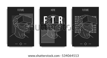 Futuristic posters design set. Backgrounds with VR glasses. Virtual reality glasses. Hand drawn templates for business card, poster, flyer, cover, voucher, background. 