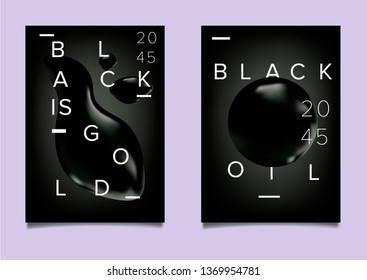 Futuristic posters with oily chromatic glossy 3d shapes. Glitched and distorted black watery liquid forms. 