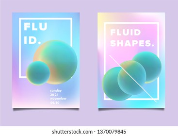 Futuristic posters with oily chromatic glossy 3d shapes. Glitched and distorted watery liquid forms. 