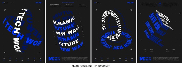 Futuristic posters set. Blue and white geometric volumetric figures with inscription. Abstract creativity and art. Flyer and leaflet. Cartoon flat vector illustration isolated on grey background