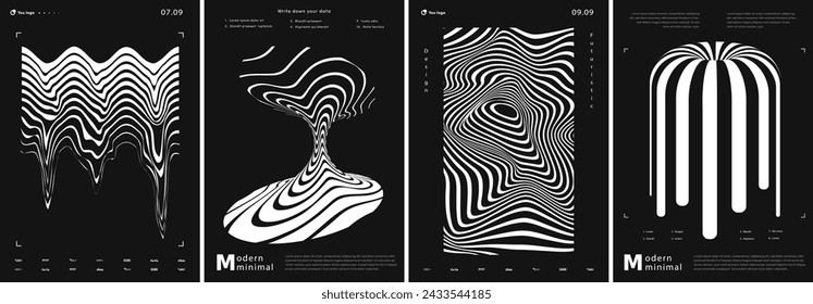 Futuristic posters set. Flyer and booklet, leaflet. Minimalistic abstract creativity and art. Typography and calligraphy. Cartoon flat vector collection isolated on grey background