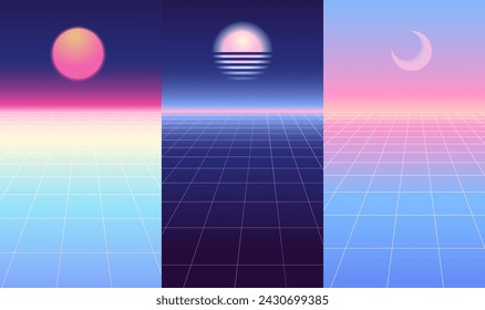 Futuristic posters set set. Retrowave, synthwave, rave, vapor wave, cyberpunk party backgrounds collection. Vector line grid landscape with sun and moon. Retro, vintage 1980s, 1990s style.