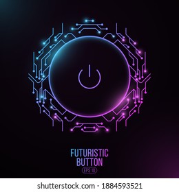 Futuristic power button with computer circuit board. HUD interface elements. UI Concept. Cyber purple and blue neon switch. Technology modern background. Vector illustration. EPS 10