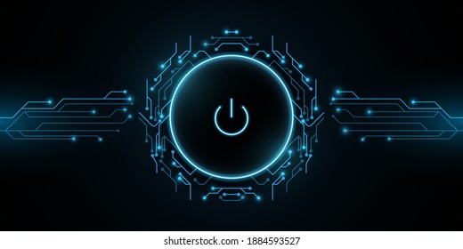 Futuristic power button with computer circuit board. HUD interface elements. UI Concept. Cyber luminescent switch. Technology modern background. Vector illustration. EPS 10