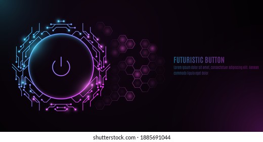 Futuristic power button with computer circuit board on a background with a pattern of hexagons. HUD interface and UI concept. Cyber neon switch. Vector illustration. EPS 10
