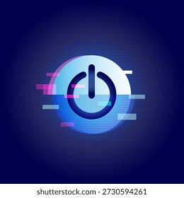 Futuristic power button icon with glitch effect on dark blue background. Technology concept for startup, shutdown, system control, and digital interface.