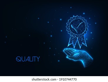 Futuristic Premium Quality Concept With Glowing Low Polygonal Hand Holding Medal Icon Isolated On Dark Blue Background. Modern Wire Frame Mesh Design Vector Illustration.