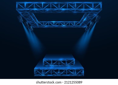 Futuristic presentation pedestal. Platform with spotlights. Exhibition stand. Polygonal construction of interconnected lines and points. Blue background.