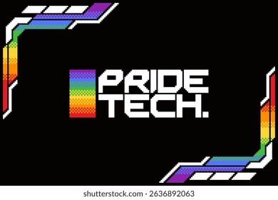 Futuristic Pride Techno Flat Frame Template with Black Background, Pixel Art Style
