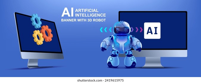 Futuristic principle of robot operation in the artificial intelligence system AI and the concept of modern computer technologies. PC with robot chat bot. Modern robot technology chatbots