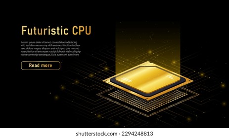 Futuristic processor concept. Golden CPU, part of laptops and computers. Modern technologies and digital world. Landing page design. Advertising for electronics store. Isometric vector illustration