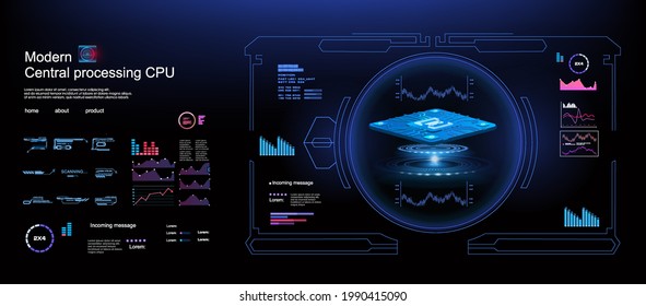 Futuristic processor. Holographic cyber interface with powerful HUD style processor presentation. Advanced computer technology. Cyber banner