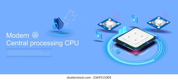 Futuristic processor with neon holographic backlight. Processor in isometric view with modern server. Workflow of modern powerful processor. Presentation processor with hosting. Cyber banner