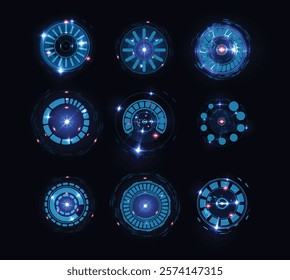 Futuristic progress loading bar circular shape, glowing round indicator vector set. Digital screen game control, loading scale. Abstract download process design, focus elements. Sci Fi user interface