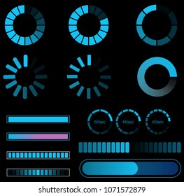 Futuristic Progress loading bar. Set of blue indicators. Download progress, web design template, interface upload. Vector illustration. EPS 10