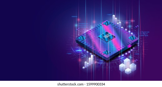 A futuristic projection of the microchip of the future. 3D closeup of cpu for web design. Integrated communication processor. Concept with circuit board and processor. CPU isometric banner. Vector