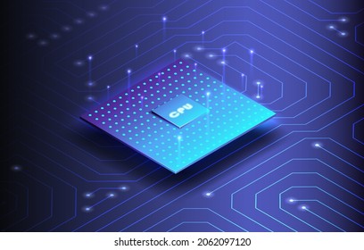 Futuristic Projection Of The Microchip Of The Future. 3D Closeup Of Cpu For Web Design. CPU Isometric Banner. Central Computer Processors CPU Concept.Digital Chip