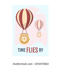 Futuristic promo banner design with watches vector illustration. Clocks or air balloons elements and text. Smart time and speed concept. Template for promotion poster, advertising label or flyer