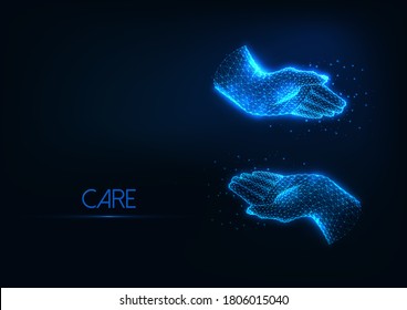 Futuristic protection, caring concept with glowing low polygonal embracing human hands isolated on dark blue background. Modern wireframe mesh design vector illustration.