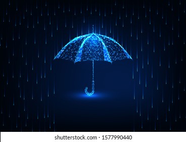 Futuristic protection concept with glowing low polygonal umbrella and rain shower on dark blue background. Modern wire frame mesh design vector illustration.