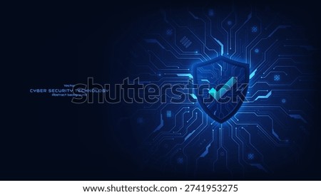 Futuristic protection shield with a checkmark on a circuit board. Cybersecurity and data security concept. Internet safety antivirus. Symbolizes technological advancement. Vector illustration.