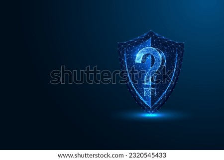 Futuristic protective shield and question mark in glowing low polygonal style on dark blue background. Safeguarding, protection, security concept. Modern abstract connection design vector illustration