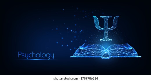 Futuristic psychology concept with glowing low polygonal open book and psi Greek letter isolated on dark blue background. Modern wire frame mesh design vector illustration. 