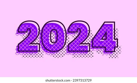 Futuristic purple 2024 with pink outline and halftone pattern on light background