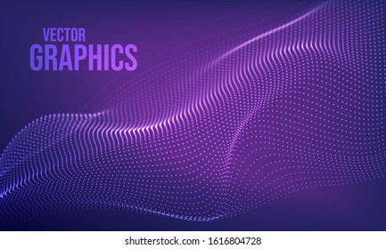 Futuristic purple 3d wave abstract background. Wavy line dots. Big data vector illustration.