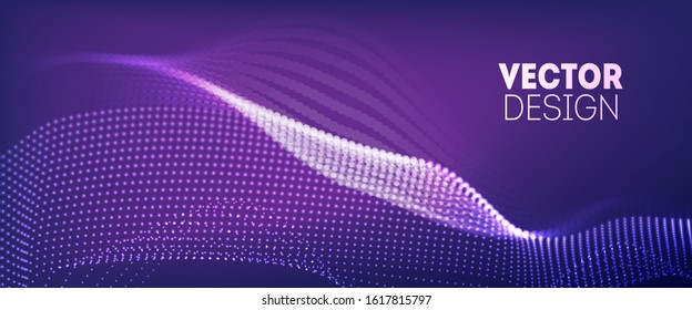 Futuristic purple 3d wave abstract background. Wavy line dots. Big data horisontal vector banner.