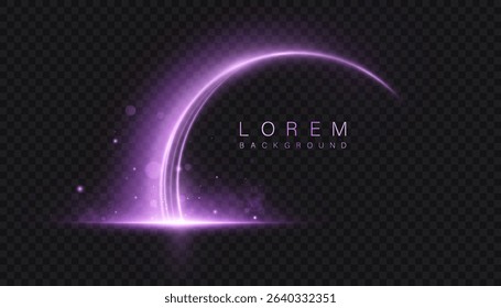 Futuristic purple arc of light with shimmering particles and glow effect on dark background. Light effect for tech designs, headers, interfaces and advertising graphics.