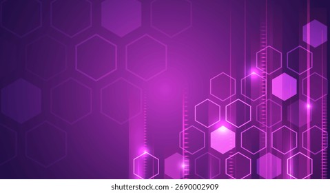 Futuristic purple background with glowing hexagons and light lines. Abstract digital design concept for technology, innovation, and modern data visualization