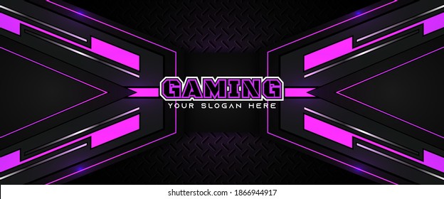 Futuristic purple and black abstract gaming banner design template with metal technology concept. Vector graphic for business corporate promotion, game header social media, live streaming background