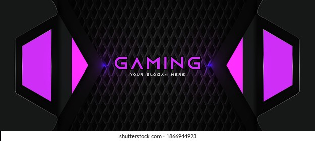 Futuristic purple and black abstract gaming banner design template with metal technology concept. Vector graphic for business corporate promotion, game header social media, live streaming background