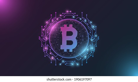 Futuristic purple and blue glowing Bitcoin digital currency. Computer CPU. Concept of cryptocurrency mining. Hi-tech design blockchain for graphic design. Vector illustration. EPS 10.