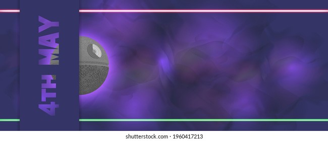 A futuristic purple flyer dedicated to the 4th of May Geeks Day. Muddy wavy background with bright laser beams. Half 3d gray spherical combat space station